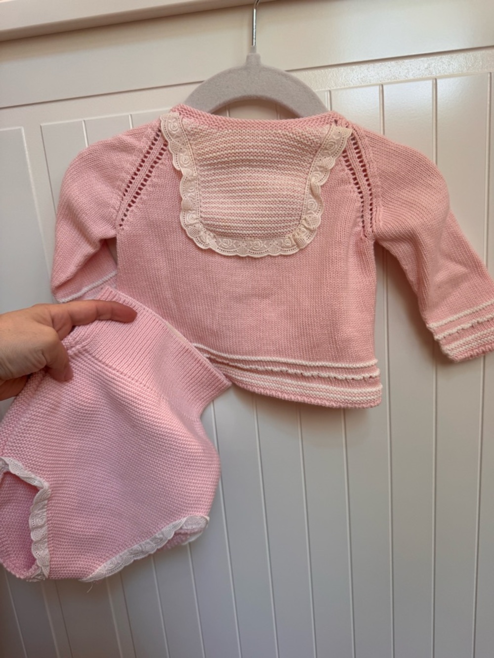 Nano Pink Knit Baby Sweater and Bloomers with Cream Lace Trim